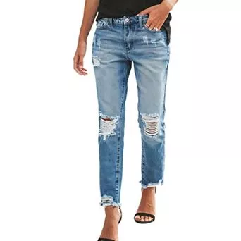 Women's Ripped Mid Waisted Boyfriend Jeans Loose Fit Distressed Stretchy Denim Pants