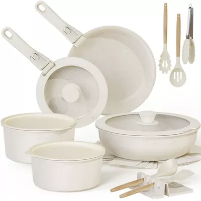 Astercook 20 Piece Ceramic Pots and Pans Set Non Stick,  Cookware Set with Detachable Handle, Oven Safe, Induction Ready, Stackable RV Kitchen Cooking Set Removable Handles, Cream White
