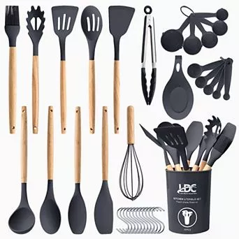 Lux Decor Collection 35 pc Kitchen Utensil Set Silicone & Wood Cooking Utensils Nonstick Tools