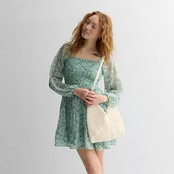 Juniors' Rewind Long Sleeve Smocked Bodice Dress