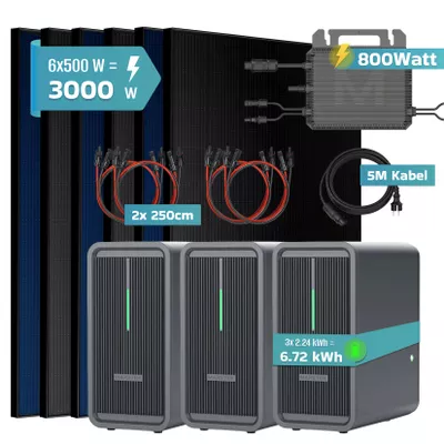 SUNNIVA® 3000W Balkonkraftwerk mit 6,72 kWh Speicher MARSTEK 3x B2500-D, BIFAZIAL FULLBLACK komplett Steckdose, PV Solaranlage Komplettset mit Solarspeicher, 6x 500W N-Type Glas-Glas Bifacial Module