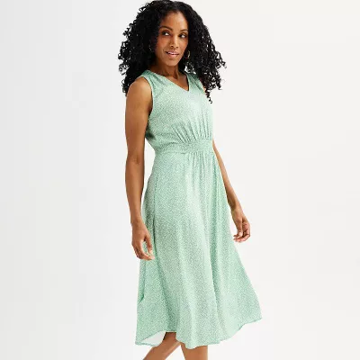 Petite Croft & Barrow® V-Neck Smocked Waist A-Line Midi Dress