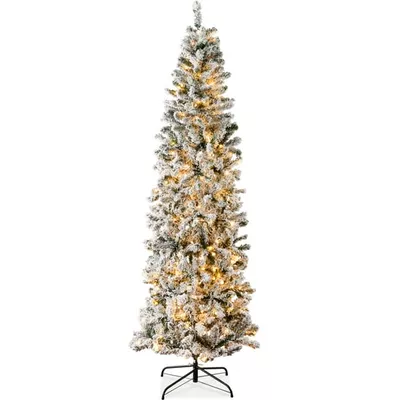 Best Choice Products 6ft Pre-Lit Artificial Snow Flocked Pencil Christmas Tree Holiday Decoration w/ 250 Lights