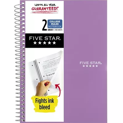 Five Star Small Spiral Notebook, 2 Subject, College Ruled Paper, 9-1/2" x 6", 100 Sheets, Amethyst Purple (840004CF1)