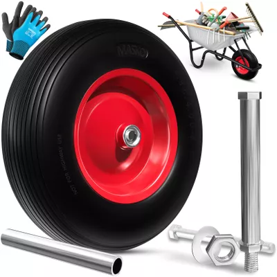 MASKO® PU Schubkarrenrad Vollgummi 200 kg pannensicher 4.80/4.00-8 Ø 390mm inkl. Achse Ersatzrad Gummirad Stahlfelge Reifen pannensicher für Schubkarre Gartenkarren pannensicheres PU Rad
