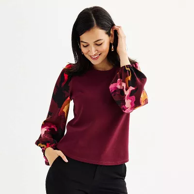 Women's Nine West Puff-Sleeve Mixed Media Top