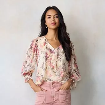 Women's LC Lauren Conrad 3/4 Sleeve Ruffle Front Blouse with Tucks