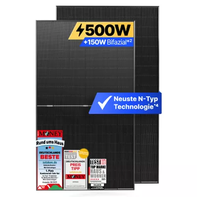 Solakon Solarmodul 500W, N-Type bifaziales monokristallines Glas-Glas Solarpanel, 40v Photovoltaik Solarmodule/Solar Module für Balkonkraftwerk/Solaranlage, Solar Panel für Photovoltaik Komplettanlage (1 Stk)