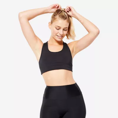 DECATHLON Damen Sport-BH Bustier mittlerer Halt Schwimmerrücken - schwarz