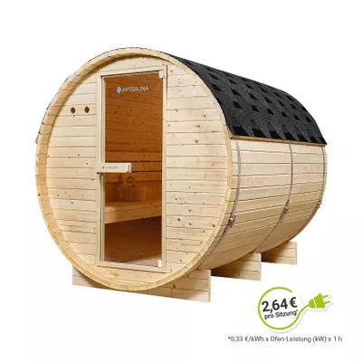 Artsauna Fasssauna Spitzbergen 220 - 6 Personen, 8 kW Ofen, Zubehör - Fichtenholz Sauna