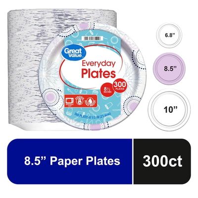 Great Value 8.5-Inch Disposable Paper Plates, 300 Count, Soak-Proof and Microwave-Safe