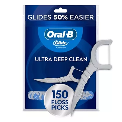 Oral-B Floss, Glide Ultra Deep Clean Floss Picks, Removes Food and Plaque, Cool Mint Flavor, 150 Floss Picks