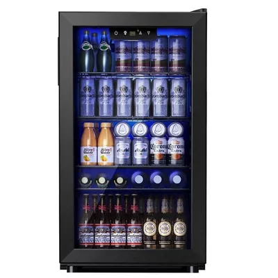 Simzlife 130 Can Beverage Refrigerator with Glass Door for Home, 17.3 in D, 31.3 in H, Black