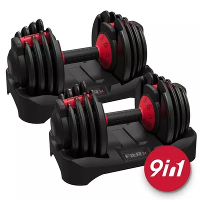 FitRx SmartBell 2-Pack, Two 25lbs. Quick-Select 9 in 1 Adjustable Dumbbell for Home Gym, 5-25lbs. Weight in 2.5lbs Increments