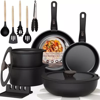 Astercook 20-Piece Pots and Pans Set, Nonstick Cookware Set with Detachable Handles, Oven & Dishwasher Safe, Induction Compatible, Stackable RV Kitchen Cooking Set, Black