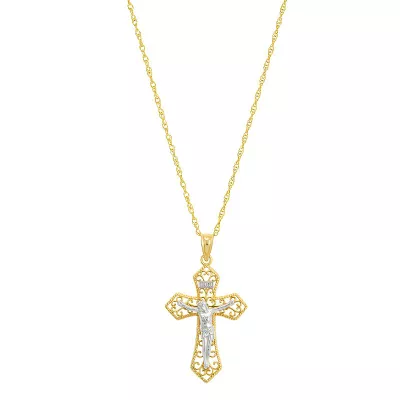 Forever 14K 14k Gold Two Tone Crucifix Pendant Necklace