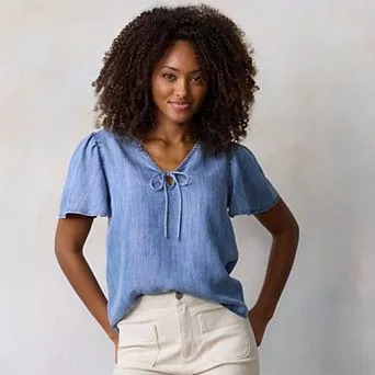 Women's LC Lauren Conrad Tie-Front Keyhole Flutter Sleeve Woven Top