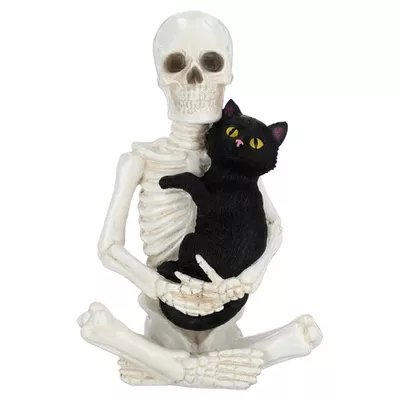 Skeleton and Cat Decoration, Black and White, 8.8", Halloween by Way To Celebrate