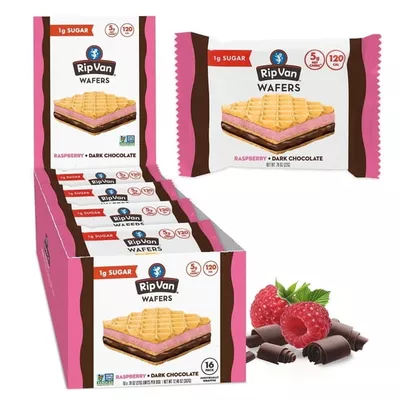 Rip Van Raspberry & Dark Chocolate Wafer Cookies – Non-GMO, Keto, Vegan, Low Sugar Baked Snacks– 16 Count