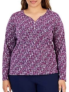 Plus Fern Folly Printed Long-Sleeve Henley Top