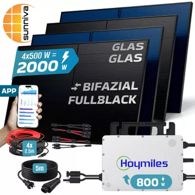 SUNNIVA® 2000W Balkonkraftwerk BIFAZIAL FULLBLACK komplett Steckdose HOYMILES 800W Wechselrichter, PV Solaranlage, 4x 500W Glas-Glas Solarmodule, inkl. 5m Kabel, Bluetooth WIFI, Komplettset