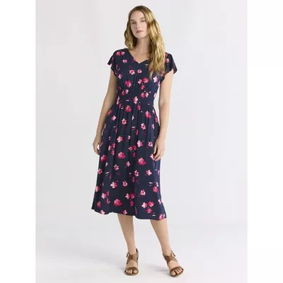 Time and Tru Women's and Women's Plus Smocked Waist Midi Dress, Sizes XS-4X