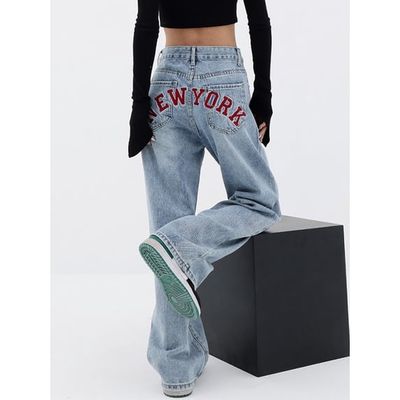 EMMIOL Women's NEW YORK Letter Print Baggy Boyfriend Jeans, High Rise Dark Wash Wide Leg Vintage Y2K Denim Pants Suitable for Independence Day