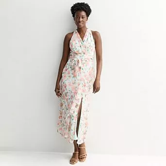 Women's London Times Halter Maxi Dress with Sash Belt