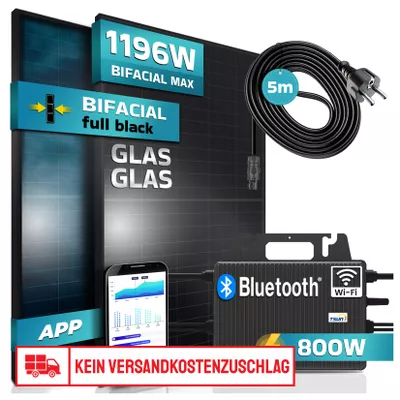SUNNIVA® Balkonkraftwerk FULL BLACK BIFACIAL GLAS-GLAS 1196W/800W Solaranlage mit 800W TSUN Micro Wechselrichter Wifi Bluetooth, upgradebar drosselbar, 2x460W Solarmodule, 5m Kabel, Photovoltaikanlage