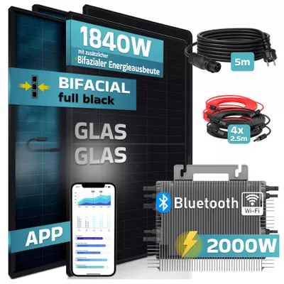SUNNIVA® 1840W Balkonkraftwerk BIFAZIAL FULLBLACK komplett Steckdose DEYE 2000 Watt Wechselrichter, Solaranlage Komplettset, 4x 460W N-Type Glas-Glas Bifacial Solarmodule, 5m Kabel, 4x 2.5m Solarkabel