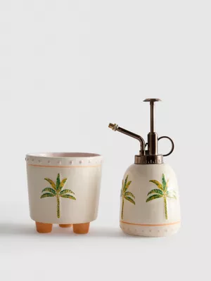 Juego de maceta y pulverizador con palmeras