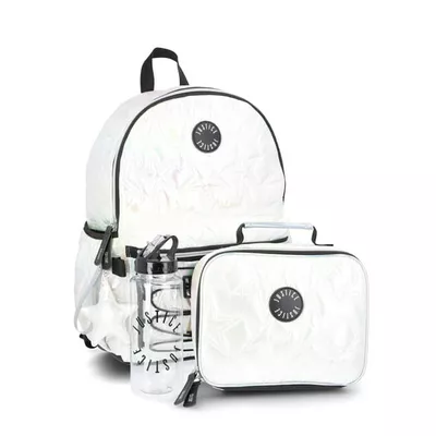Justice Girls 17" Shimmer Quilted Backpack, Lunch Bag, Water Bottle, and Charm Set, 4-Piece, White
