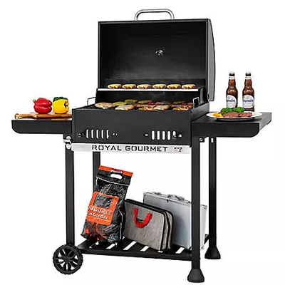Royal Gourmet Barrel Charcoal Grill with 2 Foldable Side Shelves and Height-Adjustable Charcoal Pan, 470 sq. in., Black