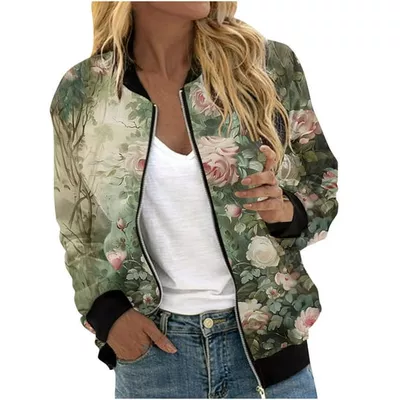 Womens Zip Up Bomber Jackets Casual Lightweight Fall Outerwear Floral Print Long Sleeve Travel Coat with Pocket (XL, Green)