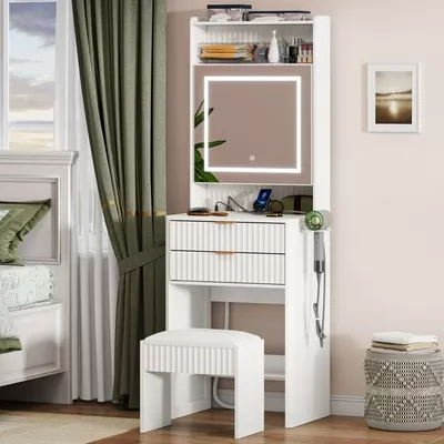 Satifur Vanity Set with Mirror & Lights, Dressing Desk with Stool, Drawers & Charging Station, Women Makeup Vanity with Shelves, White