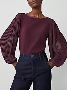 Mixed Media Pleated Sleeve Top