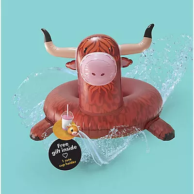 Rae Dunn Highland Cow Inflatable Pool Float With Mini Cup Holder