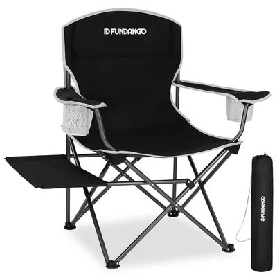 FUNDANGO Black Foldable Camp Lawn Chairs for Outside, Portable Folding Padded Chair for Park, Camping, Includes Side Table & Cup Holder, Support 300 lbs Capacity, Black, 1Pack