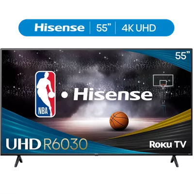 Hisense 55" Class R6 Series 4K UHD Roku Smart TV (55R6030N, 2024 Model) - Dolby Vision HDR, Motion Rate 120, DTS Studio Sound, Gaming Mode, Bezel-less Design