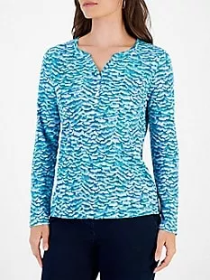 Petite Venetian Strokes Printed Long-Sleeve Henley Top