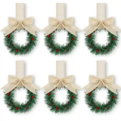 Vorkoi 6PCS Christmas Kitchen Cabinet Wreaths with Plaid Bow Ribbon Hanging Cabinet Doors Wreaths Decorative for Kitchen Window Outdoor Indoor Holiday Decor