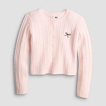 Girls 7-16 SO® Crewneck Cable Stitch Sweater Cardigan