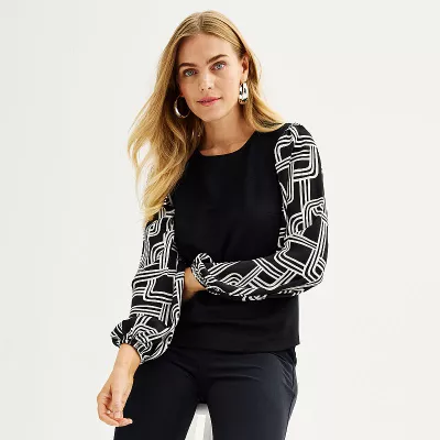 Women's Nine West Puff-Sleeve Mixed Media Top