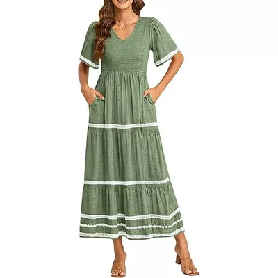 PRETTYGARDEN Women's Casual Summer Maxi Dress Short Sleeve Swiss Dot V Neck Smocked Long Flowy Beach Dresses