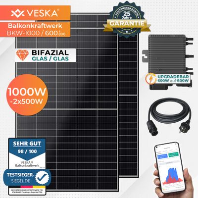 Balkonkraftwerk 1000/600+800W upgradefähig Bifazial Photovoltaik Solaranlage WIFI Smarte Mini-PV Anlage