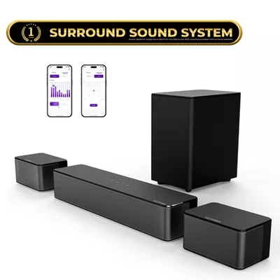 ULTIMEA 5.1 Surround Sound Bar, Virtual Surround Sound System, 350W Sound bar for TV with Wireless Subwoofer and Rear Speakers, 3D Surround and Bass Adjustable Home Theater TV Speakers