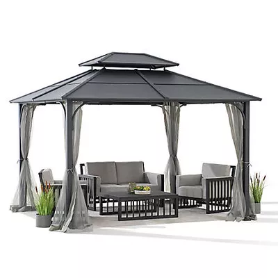 Sunjoy Hardtop Gazebo 10 x 12ft. Outdoor Heavy Duty Steel Frame, Double Roof Metal Gazebo Removable Netting Sidewalls, Black