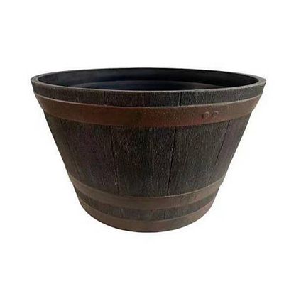 GroundWork 25 in. Plastic Whiskey Barrel Planter, Brown
