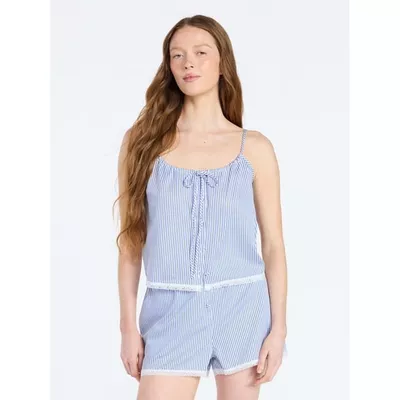 Joyspun Women's Poplin Cami and Shorts Sleep Set with Lace Trim, 2-Piece, Sizes XS-3X