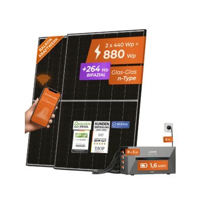 Solarway All In One 880W Balkonkraftwerk komplett Solarpaket mit 1,6 kWh Anker Solix 2 PRO Speicher, Plug&Play
